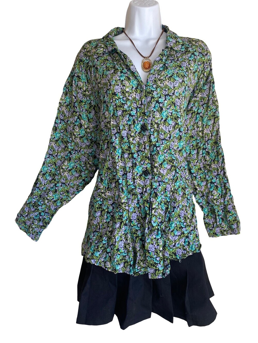 Vintage Plus L Green Floral Prairie Button Up Blouse Tunic Whimsigoth Cottage